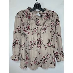 Daily Special Women's Cinched Long Sleeves Floral Tan Blouse Size M
